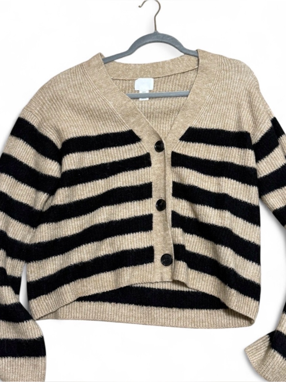 H&M Beige and Black Striped V-Neck Button Front Cardigan